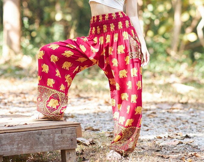 Burgundy Elephant Harem Pants: Rayon Boho Yoga Trousers with Pockets