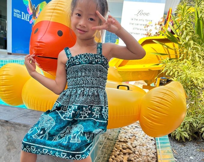 Teal Elephant Print Toddler Dress: Boho Rayon Summer Outfit
