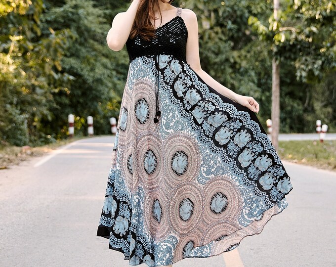 Crochet Top Rayon Sundress: Black & White Boho Dress
