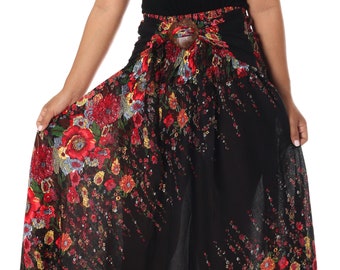 FLORAL BOHO SKIRT - Long Black Bohemian Maxi Skirt - Women Hippie Style Rayon Maxi Dress - Elastic Waistband Skirt