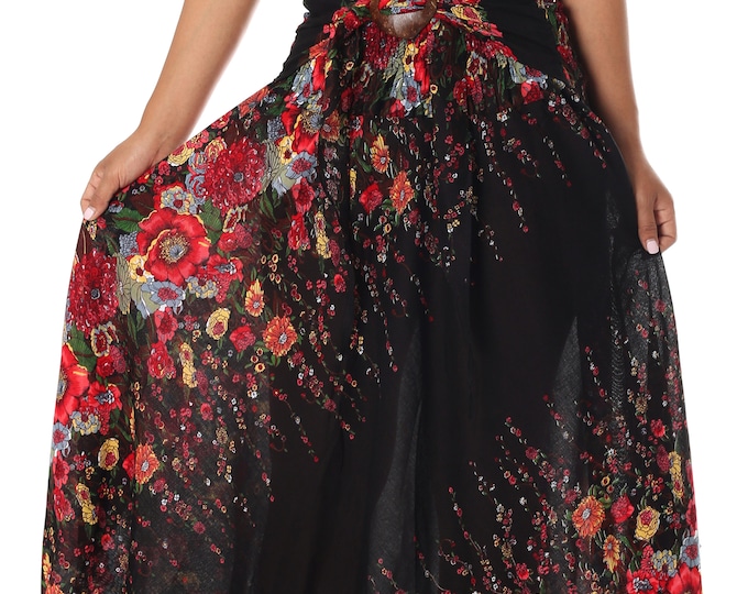 Floral Boho Maxi Skirt for Women Black Rayon Bohemian Dress - Hippie skirt - Summer skirt - Womens Clothing - High Waist Comfy skirt