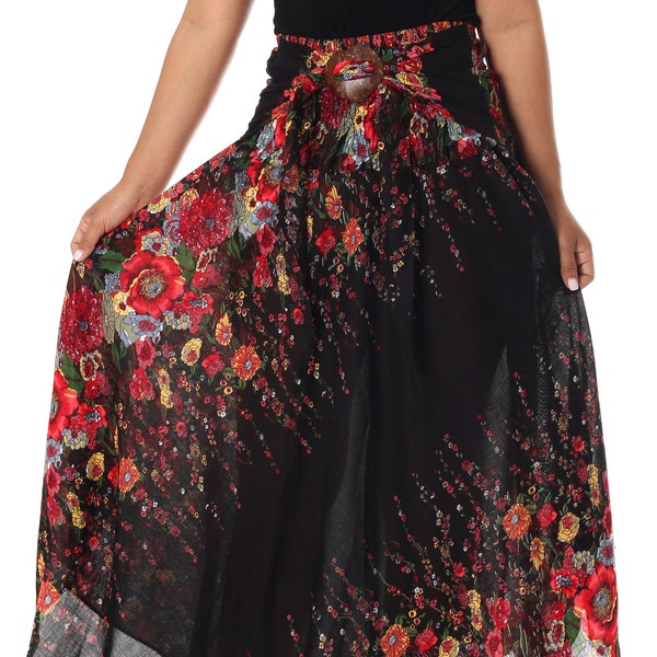 FLORAL BOHO SKIRT - Long Black Bohemian Maxi Skirt - Women Hippie Style Rayon Maxi Dress - Elastic Waistband Skirt