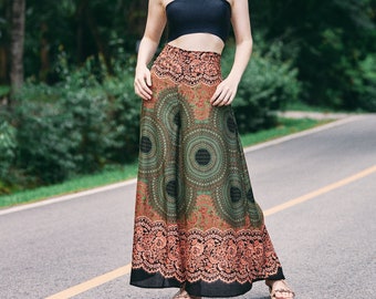 Green Mandala Palazzo Pants: Handmade Rayon Gaucho Pants, Bohemian Style