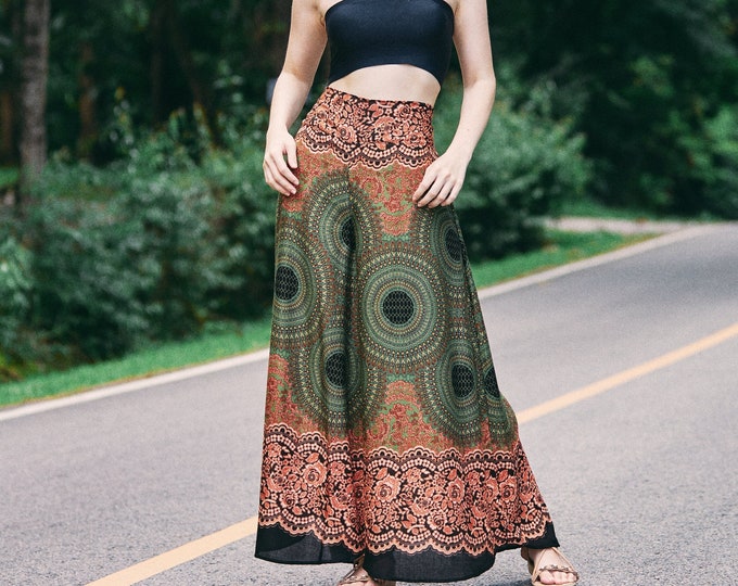 Green Mandala Palazzo Pants: Handmade Rayon Gaucho Pants, Bohemian Style