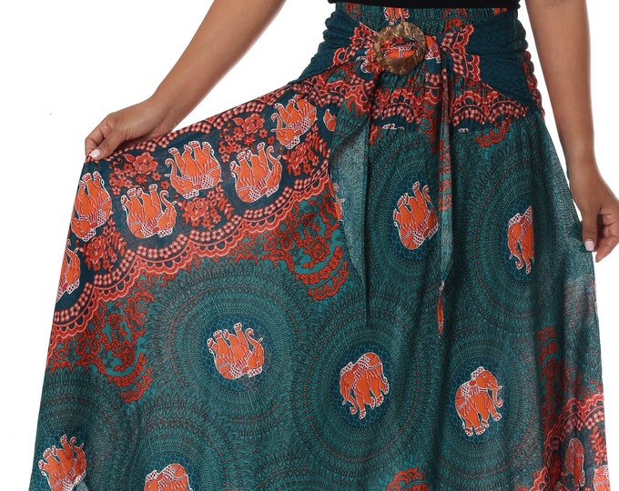 Elephant Print Rayon Boho Skirt: Asymmetric Hem, Hippie Maxi Dress