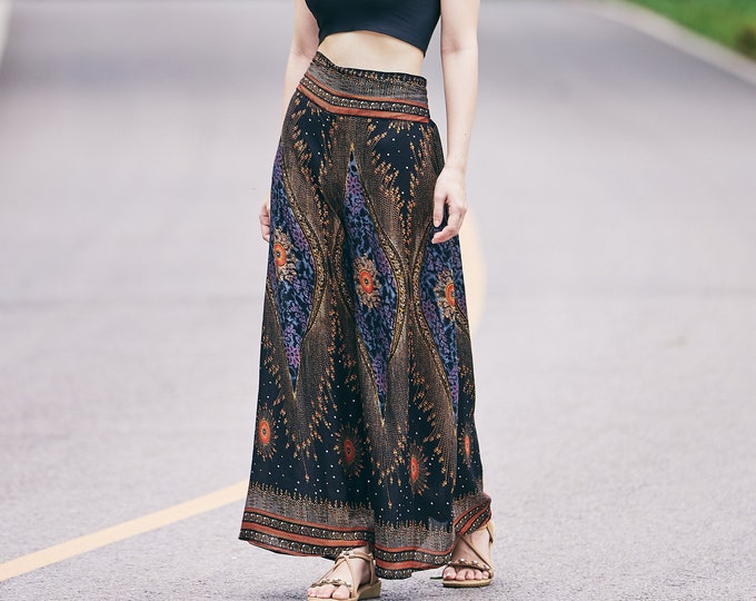 Black Rayon Palazzo Pants: Handmade Boho Wide Leg Trousers