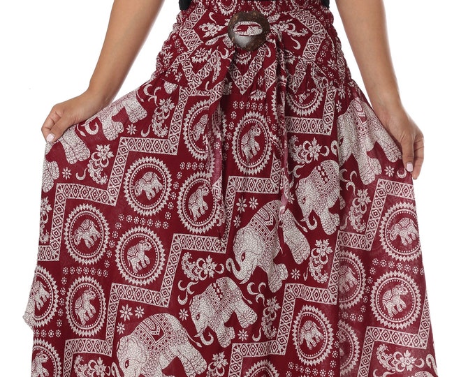 Elephant Print Rayon Maxi Skirt: Burgundy Boho Hippie Dress