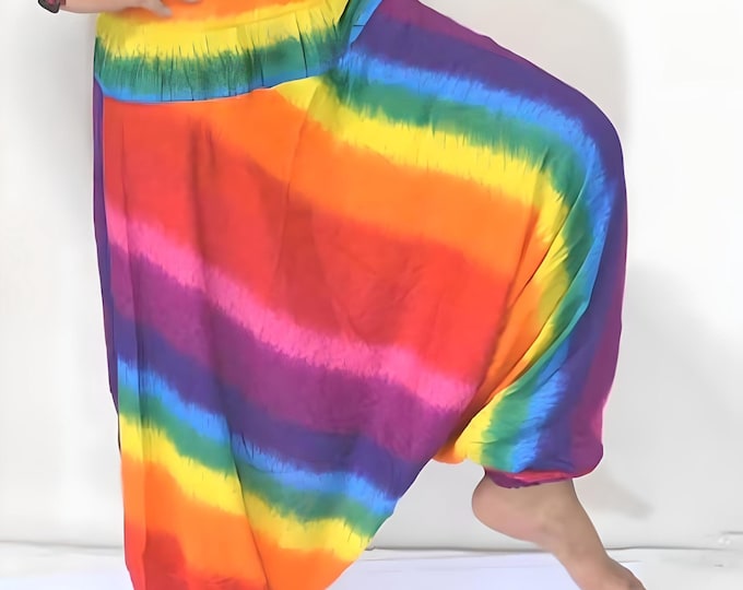 Rainbow Harem Pants Jumpsuit: Boho Hippie Rayon Trousers
