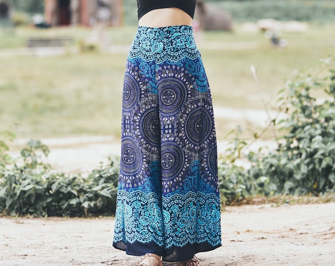 Blue Mandala Palazzo Pants: High Waisted Rayon Boho Yoga Thai Pants