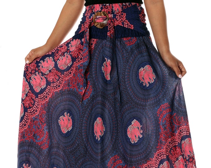 Elephant Print Rayon Skirt: Handmade Boho Asymmetric Hem