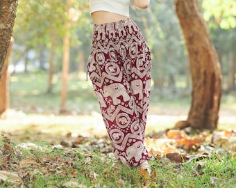 Burgundy Harem Pants for Women Yoga Sessions with Comfy Loungewear - Plus Size Pants with Pockets Festival Beach Wear – Her Birthday Gift