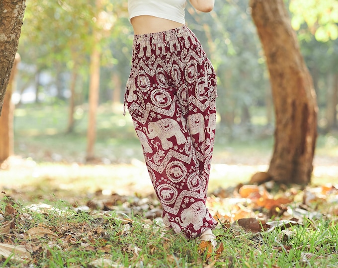 Burgundy Elephant Harem Pants: Rayon Boho Yoga Lounge Wear