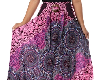 Boho Rayon Maxi Skirt: Asymmetric Hem, Elephant Print