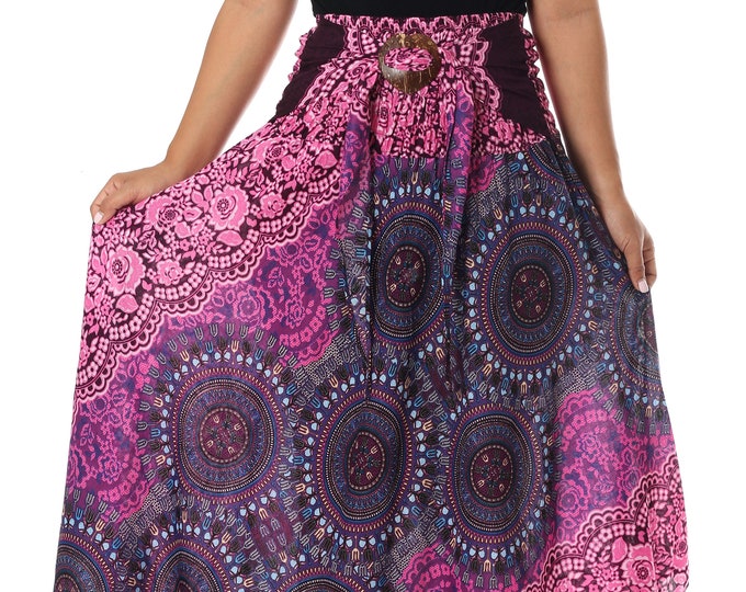 Boho Rayon Maxi Skirt: Asymmetric Hem, Elephant Print