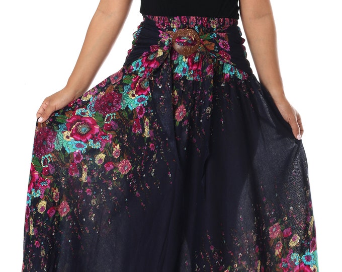 Dark Blue Floral Rayon Maxi Skirt: Boho Hippie Style