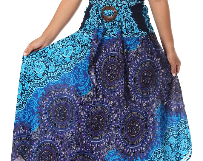 WOMEN BOHO SKIRT Blue Mandala Print Bohemian Dress - Breezy Boho Rayon Skirt - Asymmetric Hem Design Gypsy Clothing
