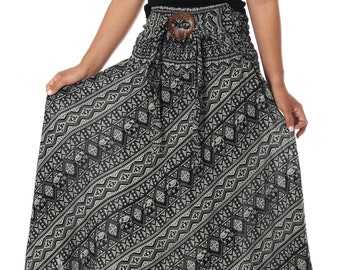 Jupe longue gitane - Maxi jupe imprimée éléphant pour femme - Robe bohème hippie grise - Vêtements bohèmes - Ourlet asymétrique tzigane