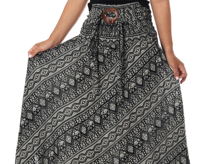 Elephant Print Maxi Skirt: Gray Bohemian Rayon Gauze, Asymmetric Hem