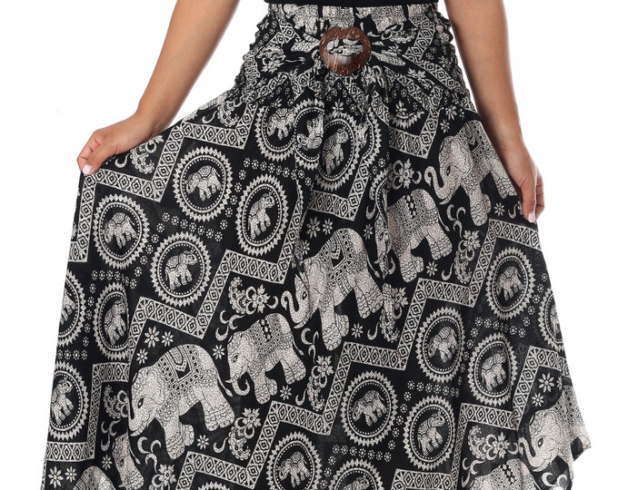 Black Elephant Print Maxi Skirt: Bohemian Rayon Asymmetric Hem