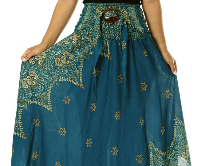Teal Bohemian Maxi Skirt: Rayon Smoked Waist, Petite to Plus Size