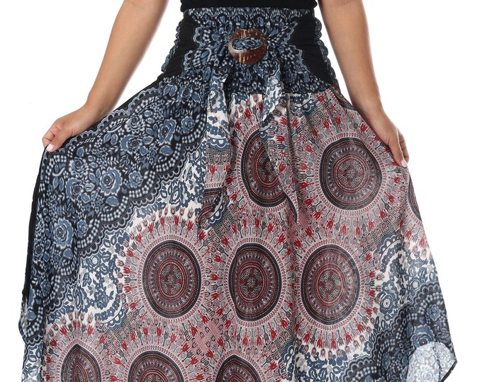 Mandala Print Rayon Skirt: Bohemian Hippie Asymmetric Hem