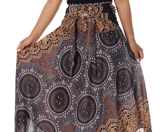 Brown Rayon Maxi Skirt: Bohemian Hippie Style with Asymmetric Hem