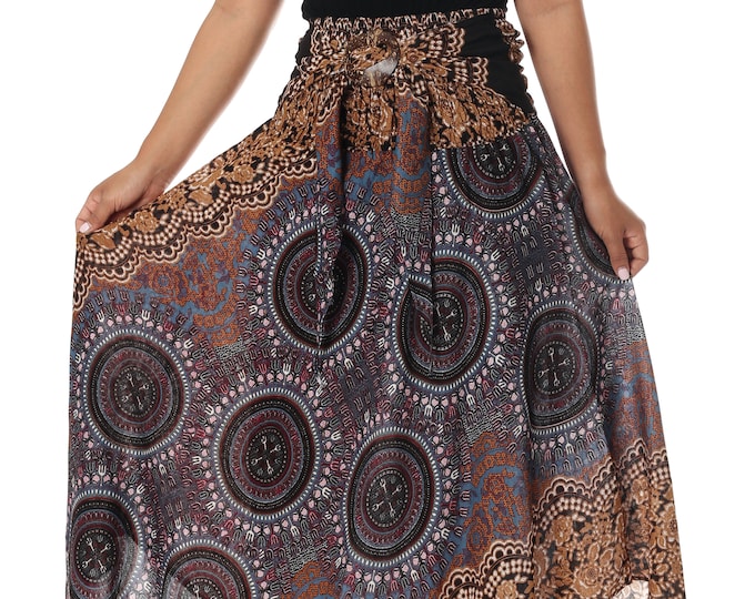 Brown Rayon Maxi Skirt: Bohemian Hippie Style with Asymmetric Hem
