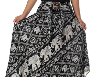 SCHWARZER BOHO SKIRT - Boho Hippie Kleid - Frauen Maxi Rock - Luftige Elefanten-Druck-Rayon-Kleidung - Zigeuner-asymmetrisches Saum-Design