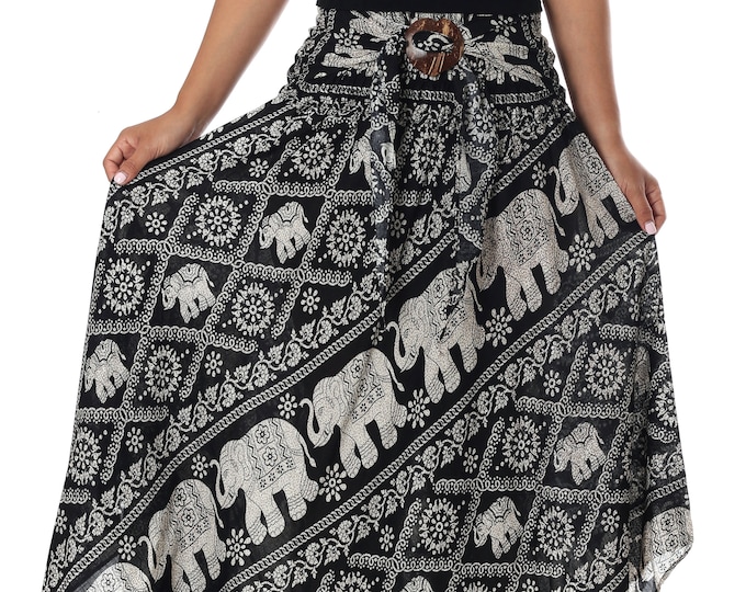 Black Elephant Print Rayon Skirt: Handmade Boho Maxi Dress