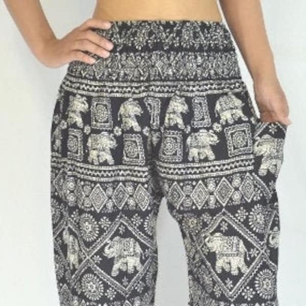 YOGA HAREM PANTS - Black Boho Elephant Pants with Elastic Waist - Hippie Trousers - Gypsy Bohemian Pants - Loungewear Clothing