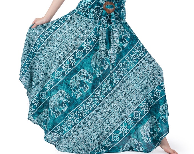 Teal Elephant Print Maxi Skirt: Handmade Rayon Boho Skirt