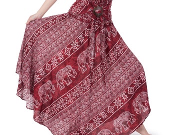Burgundy Elephant Print Maxi Skirt: Boho Rayon Summer Dress