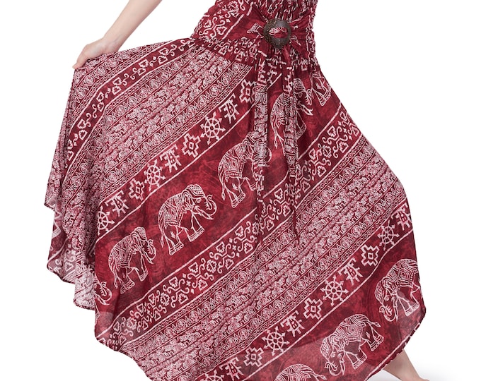 Burgundy Elephant Print Maxi Skirt: Boho Rayon Summer Dress