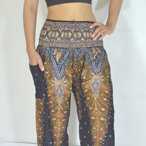 BOHO THAI PANTS - Harem Yoga Pant Women Aladdin Baggy Trousers - Smocked Waist Peacock Print with Pocket - Flowy Design