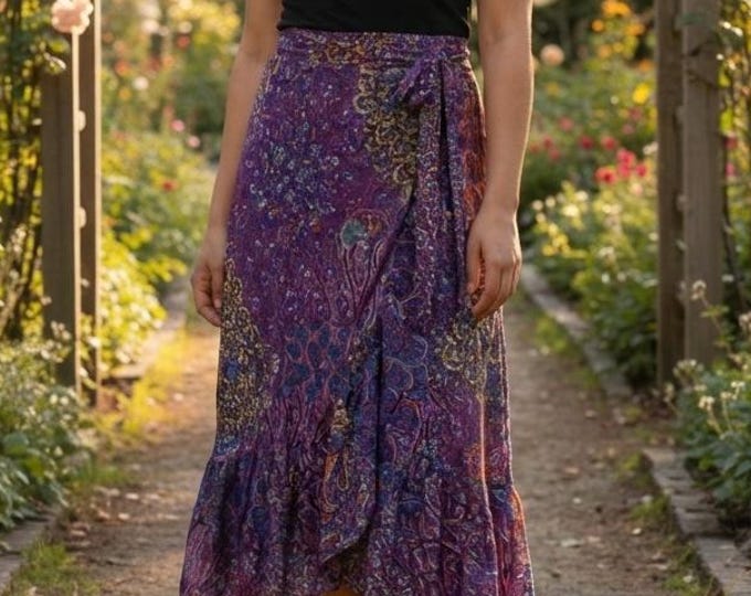 Boho Rayon Midi Wrap Skirt: Bohemian Hippie Summer Clothing