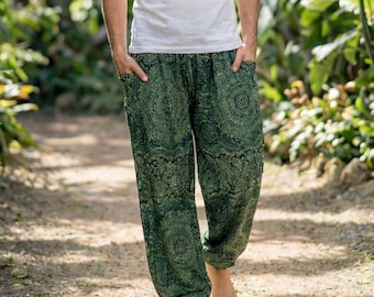 Men’s Green Harem Pants 2 Pockets – Boho Lounge Pants – Flowy Rayon Yoga Trousers – Elastic Waist with Drawstring – Festival Hippie Wear