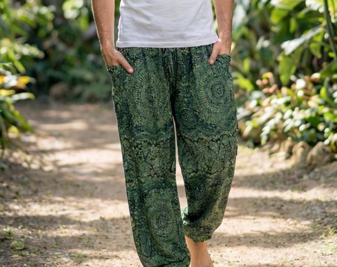Men’s Green Harem Pants 2 Pockets – Boho Lounge Pants – Flowy Rayon Yoga Trousers – Elastic Waist with Drawstring – Festival Hippie Wear