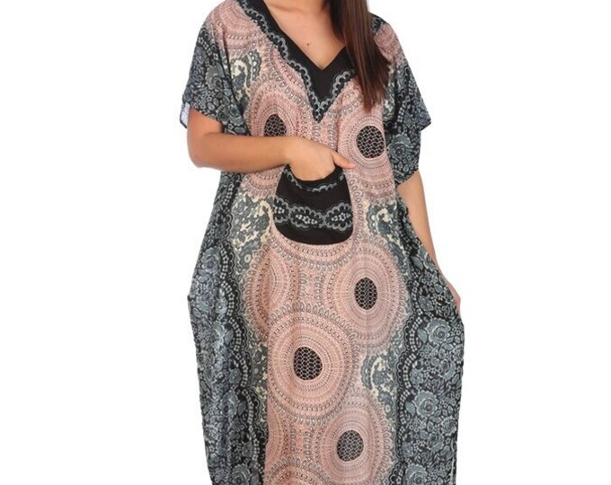 Floral Rayon Kaftan Dress: Boho Beach Cover-Up with Pocket