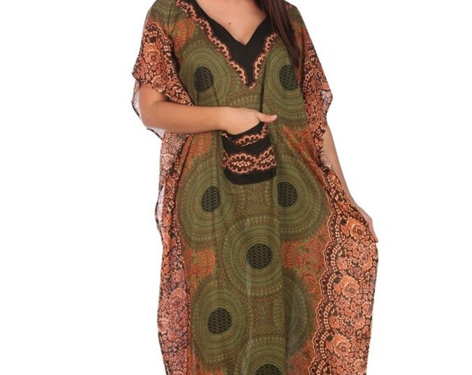 Green Rayon Kaftan Dress: Bohemian Floral Summer Beach Cover-Up