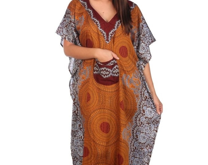 Floral Rayon Kaftan Dress: Brown Boho Beach Cover-Up