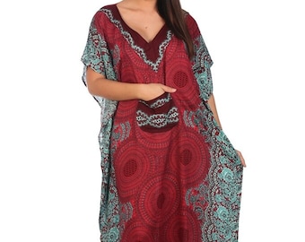 Red Floral Rayon Kaftan Dress: Women's Bohemian Summer Dress
