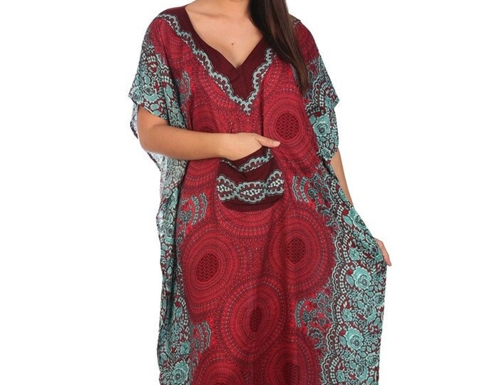 Red Floral Rayon Kaftan Dress: Women's Bohemian Summer Dress