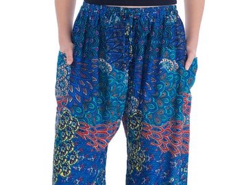 BLUE PEACOCK DRAWSTRING Waist Pants - Harem Pants - Festival Wear - Thailand Pants - Plus Size Pants - Bohemian Style - Hippie Boho Yoga