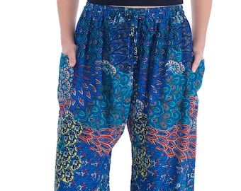 Blue Peacock Harem Pants: Rayon Bohemian Festival Trousers