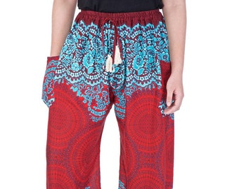 RED HAREM Pants S-XXL Sizes - Hippie Boho Pants with Rose Mandala Print - Festival & Yoga Wear - Bohemian Thai Pants Comfy Drawstring Waist