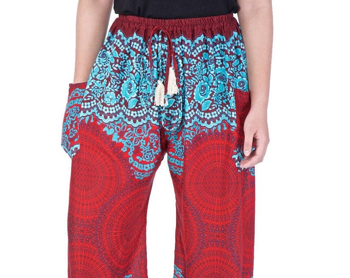 Red Rose Mandala Harem Pants: Boho Festival Yoga Rayon Trousers