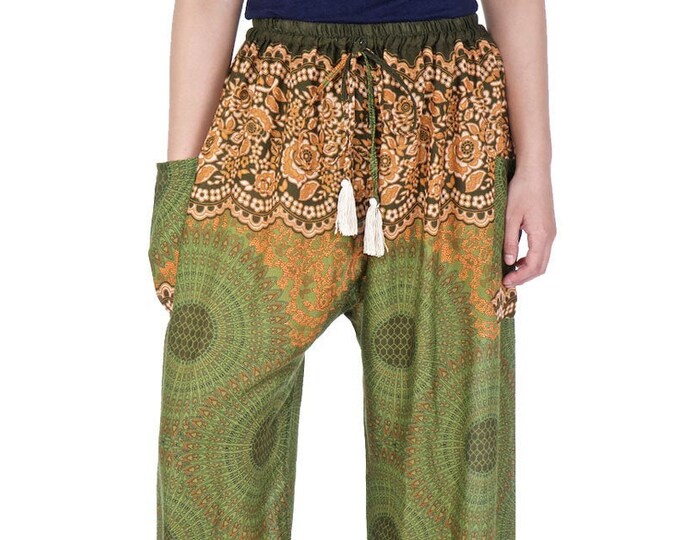 Green Mandala Harem Pants: Rayon Boho Festival Yoga Trousers