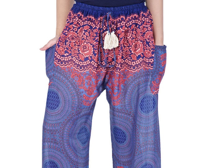 Dark Blue Mandala Harem Pants: Rayon Boho Festival Yoga Trousers