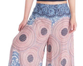 Pantalones Palazzo Mandala Blanco y Negro: Pantalones Boho de Rayón con Pierna Ancha