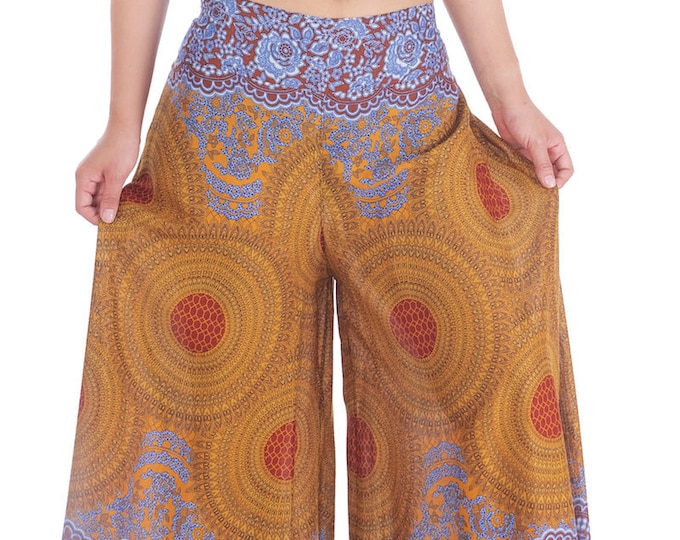 Brown Mandala Palazzo Pants: Handmade Rayon Bohemian Wide Leg Trousers